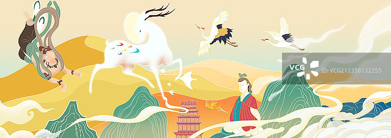 国潮风新中式古风中国敦煌莫高窟九色鹿飞天仙女传统中国风插画图片素材