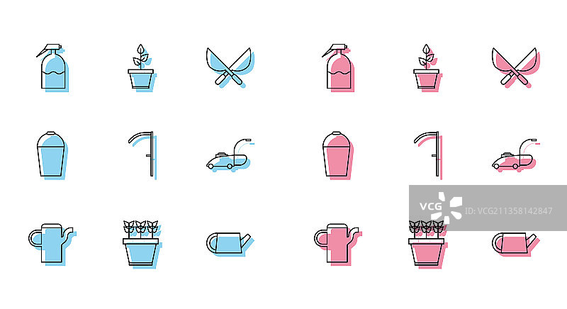 浇水壶、盆栽和花园喷雾器线条图标套装图片素材