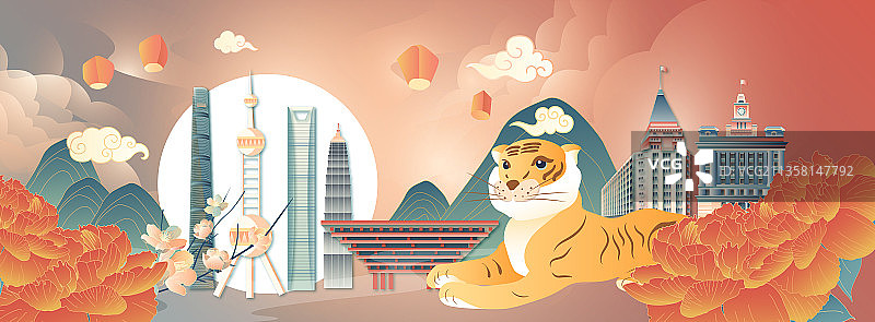 虎年春节上海城市建筑矢量插画图片素材