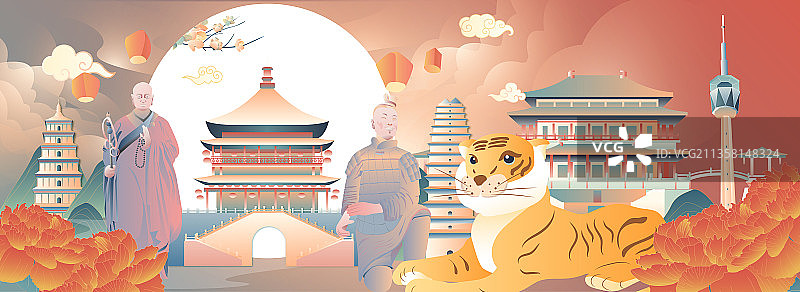 虎年春节西安城市建筑矢量插画图片素材