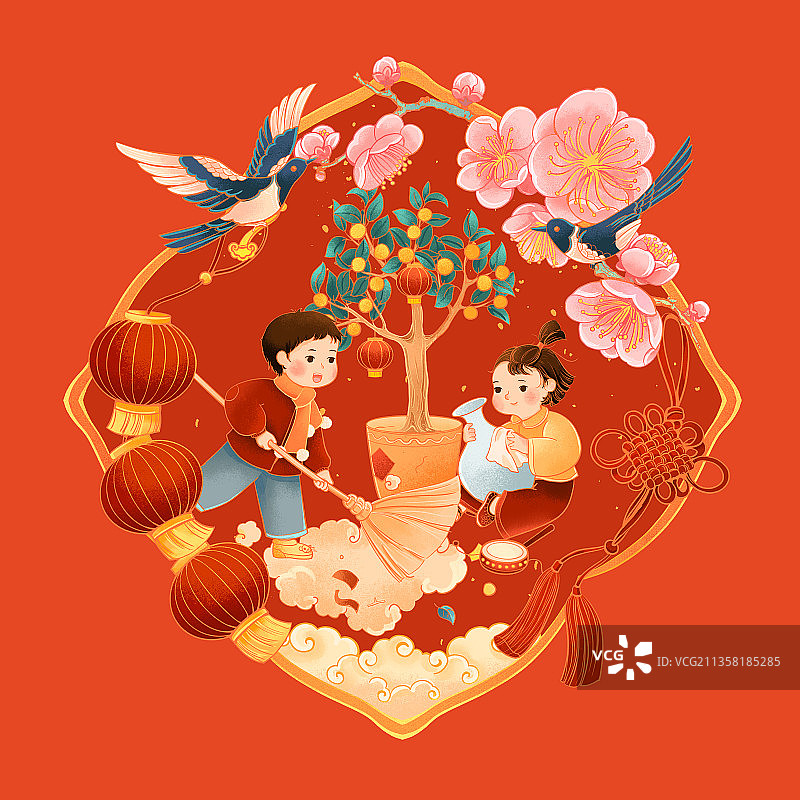 中国传统年俗腊月二十四扫房子插画图片素材