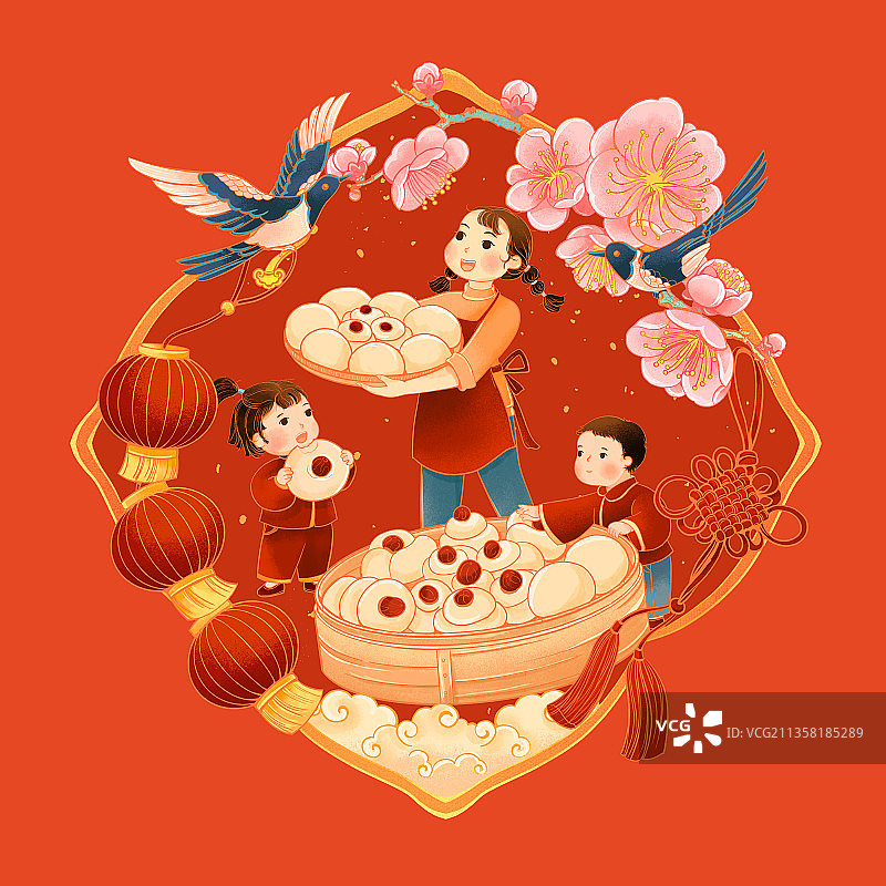 中国传统年俗腊月二十八蒸馒头插画图片素材