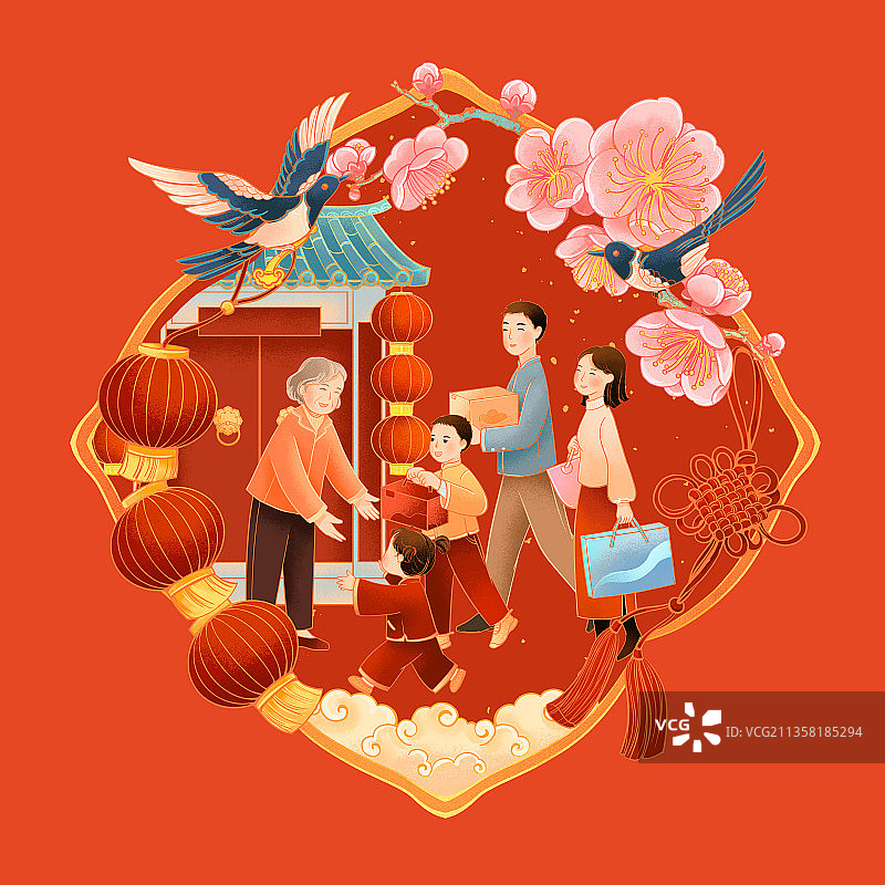 中国传统年俗大年初三初四走亲戚插画图片素材