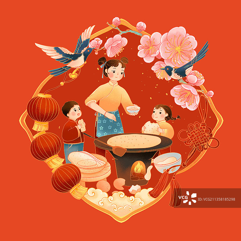 中国传统年俗大年初七摊煎饼插画图片素材