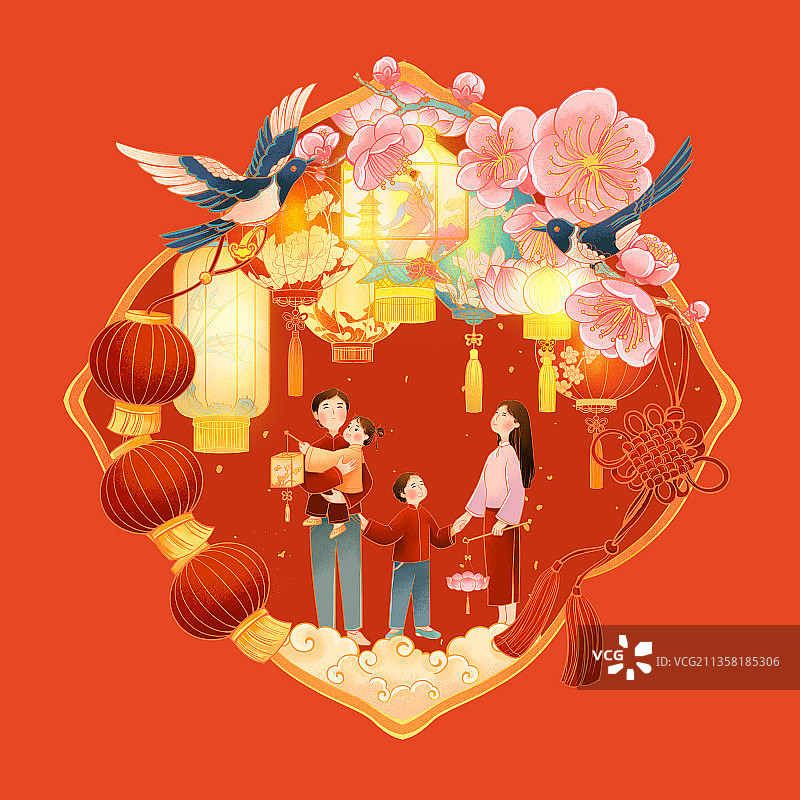 中国传统年俗正月十五元宵节赏花灯插画图片素材