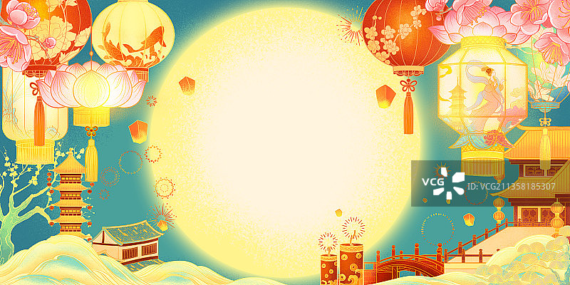 中国传统节日元宵节花灯建筑祥云插画图片素材