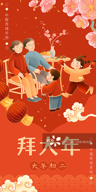 中国传统年俗大年初二拜年发压岁钱插画图片素材