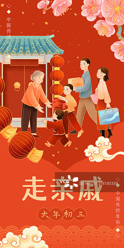 中国传统年俗大年初三走亲戚插画图片素材