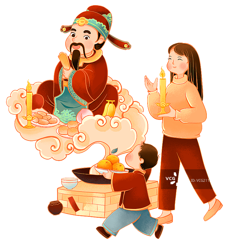 中国传统年俗腊月二十三祭灶神插画图片素材