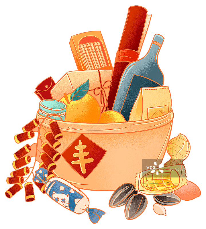 一筐年货零食新年创意国潮插画图片素材