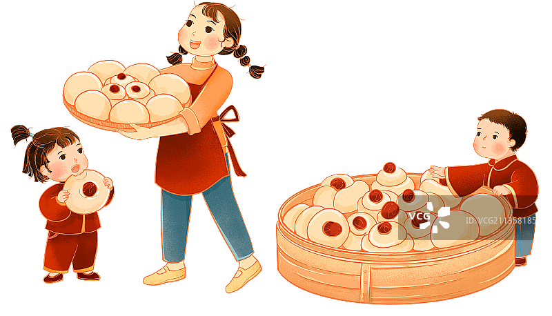 蒸馒头的少女男孩女孩国潮插画图片素材