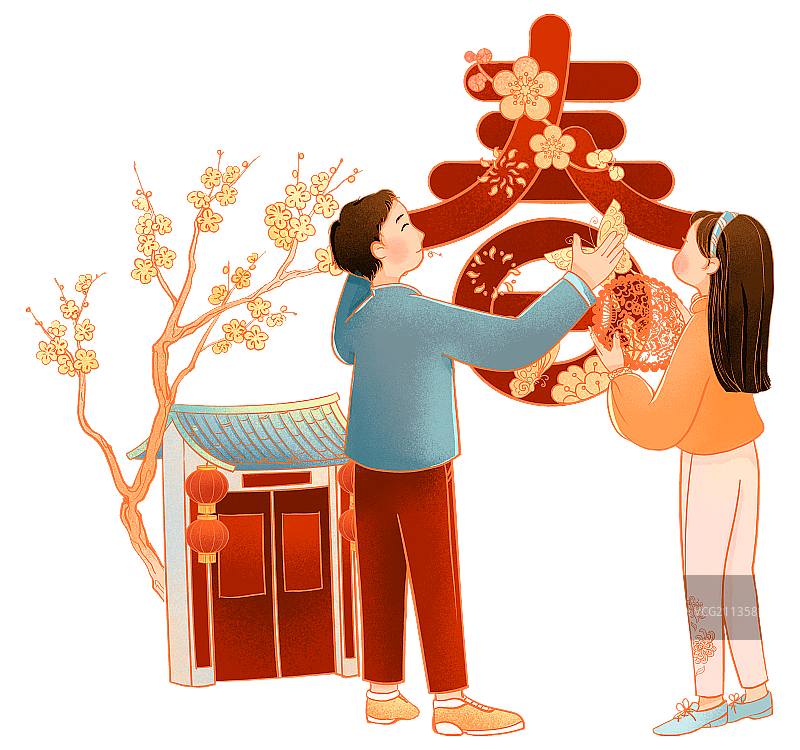 中国传统年俗腊月二十九贴春联插画图片素材