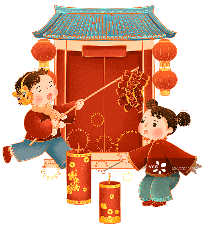 中国传统年俗大年初一放鞭炮插画图片素材