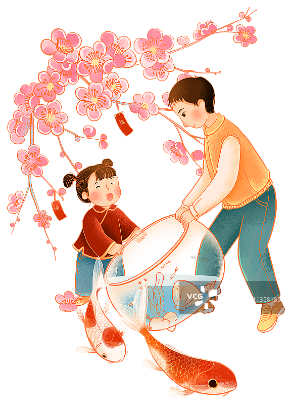 中国传统年俗大年初八祈福放生插画图片素材