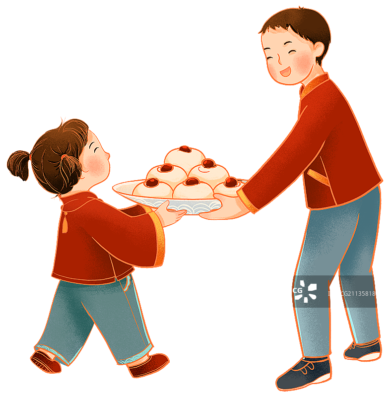 端着一盘花馍馒头的男孩女孩插画图片素材