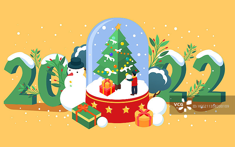 圣诞节礼物卡通背景海报等距水晶球装饰插画图片素材