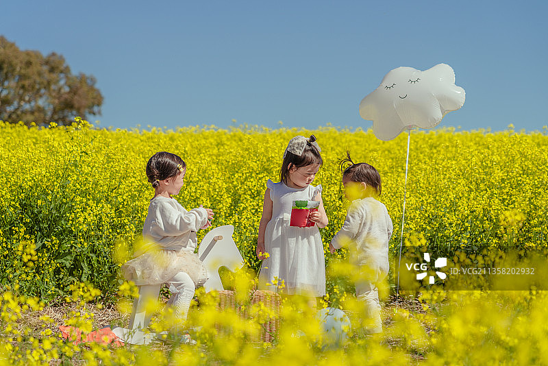 油菜花田里骑木马的三个小伙伴图片素材