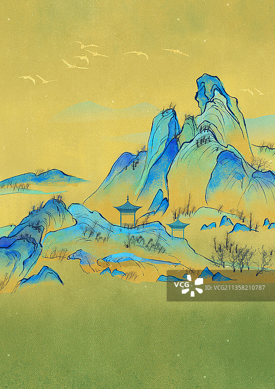 千里江山山水插画图片素材