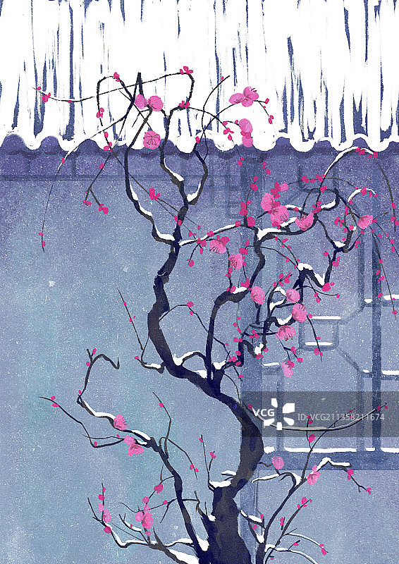 冬日梅花古风岩彩插画图片素材