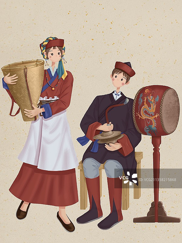 抱箩筐的门巴族少女和表演门巴戏的门巴族少年图片素材