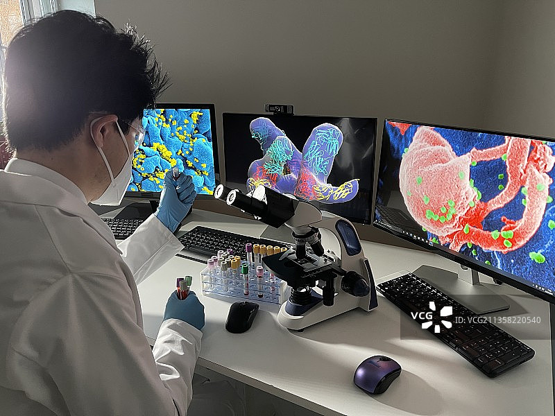 实验室技术员在电脑上研究艾滋病毒图像图片素材
