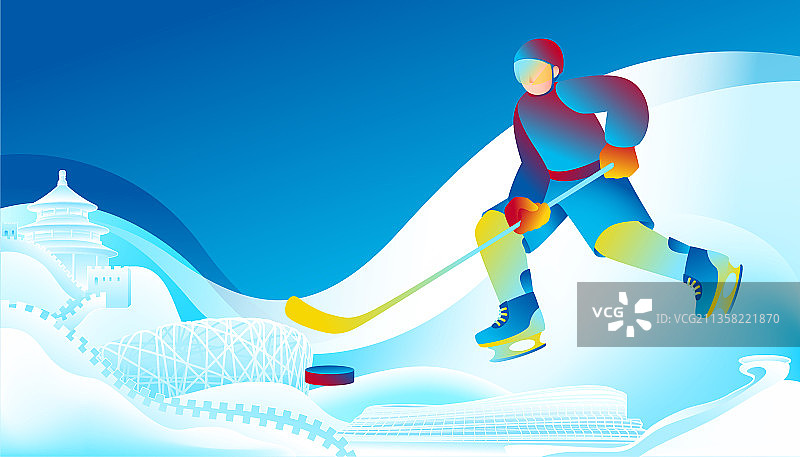 北京滑雪运动建筑与冰球比赛运动员插画图片素材