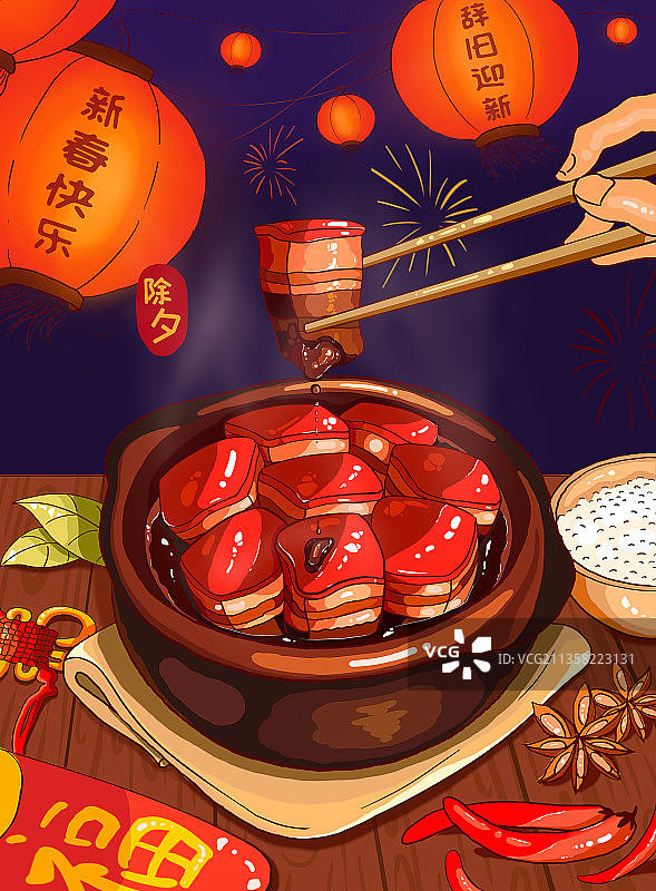 过年的时候家人在吃美味的红烧肉图片素材