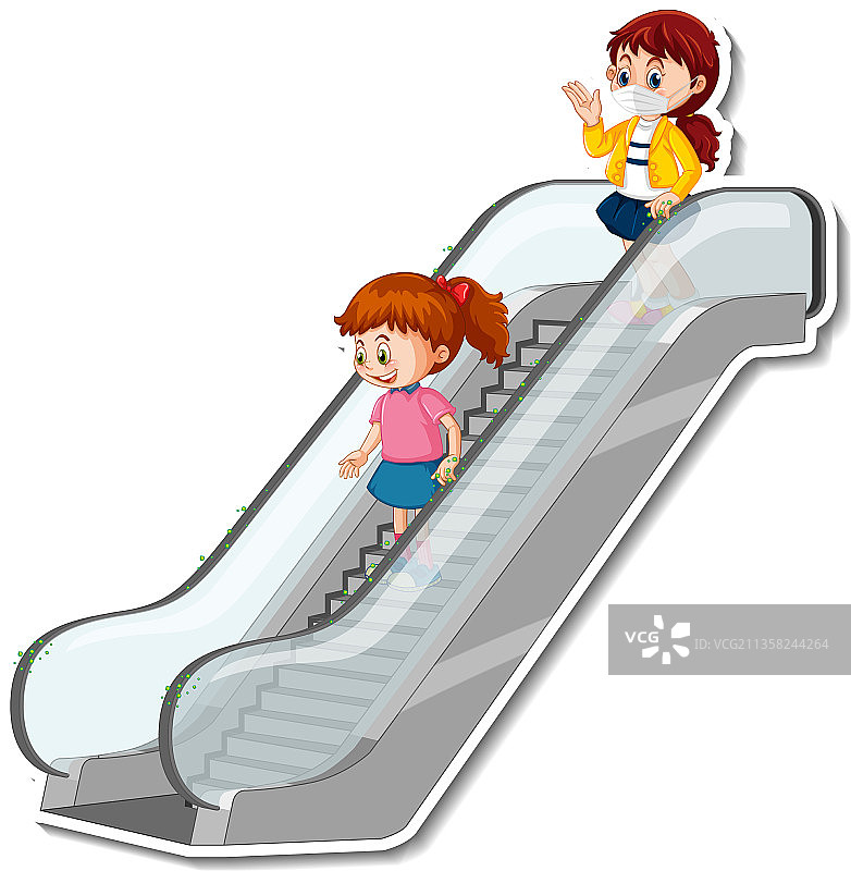 白色背景上乘坐自动扶梯的卡通人物图片素材