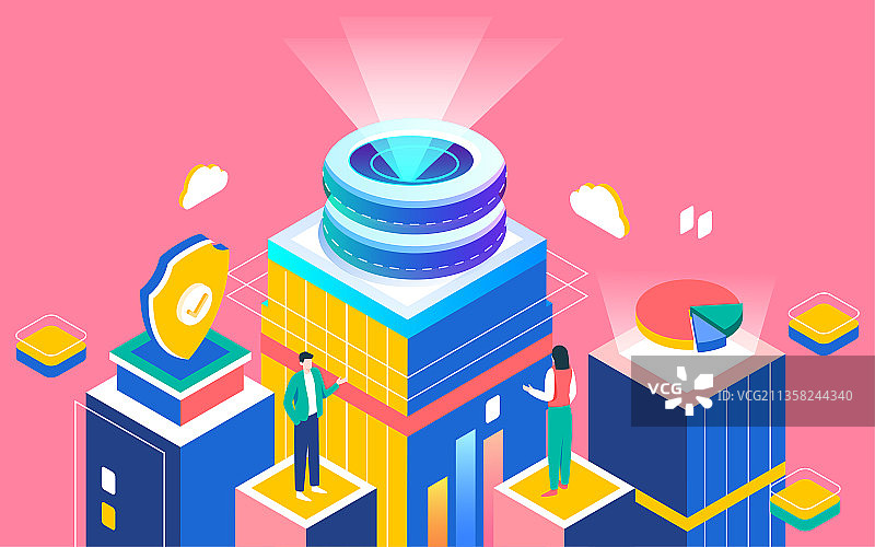 科技等距安全守护商业插画办公合作人物海报图片素材