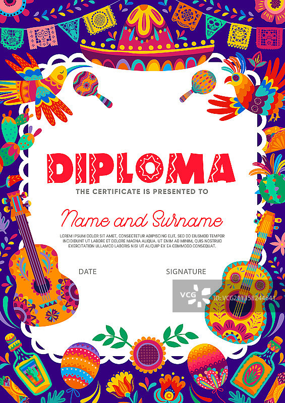 儿童文凭、墨西哥吉他、沙锤和仙人掌图片素材