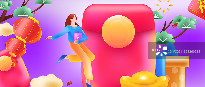 虎年喜庆吉祥创意场景人物插画图片素材