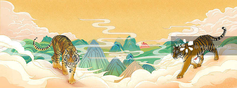 两只老虎在山上插画图片素材