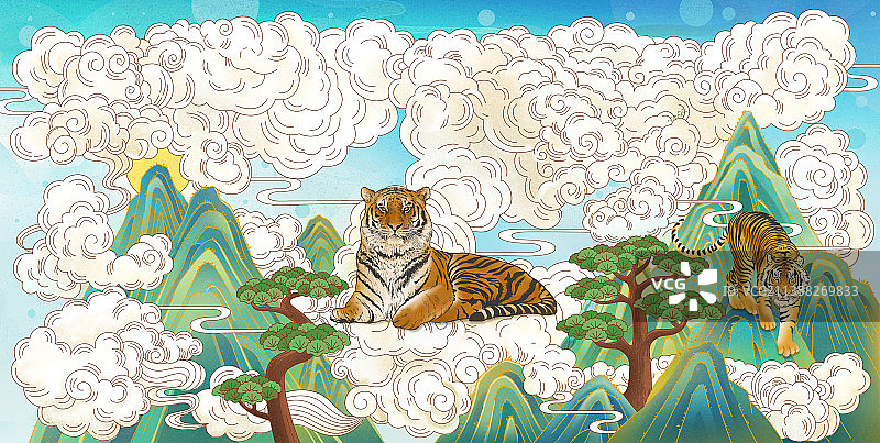 国潮风插画老虎端坐着插画图片素材