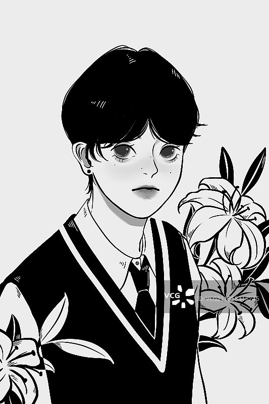 少年和百合花图片素材