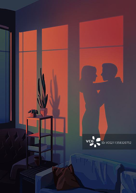 窗边恋人剪影插画图片素材