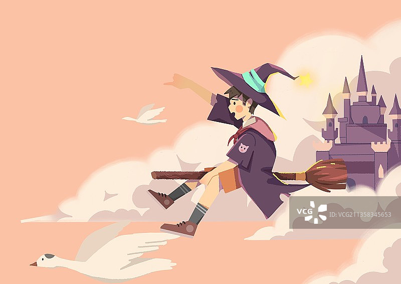 一个少年骑着魔法扫把飞翔在空中图片素材