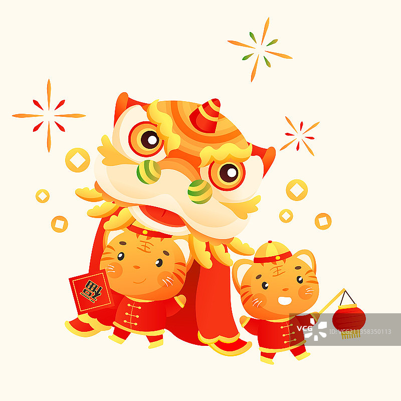 卡通2022年虎年老虎新年春节元旦家人亲子中国风国潮矢量插画图片素材