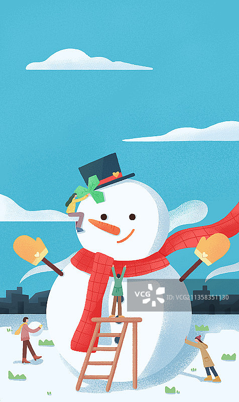 冬天男孩女孩在雪地上堆雪人插画图片素材