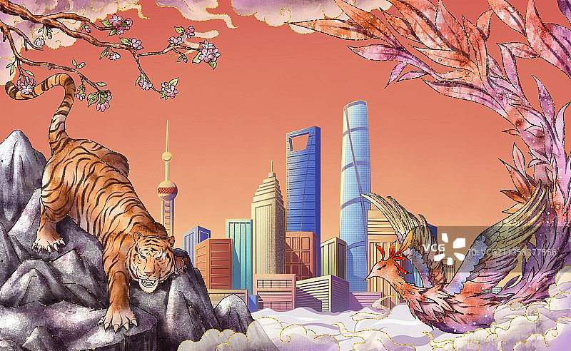 老虎凤凰和上海城市插画图片素材