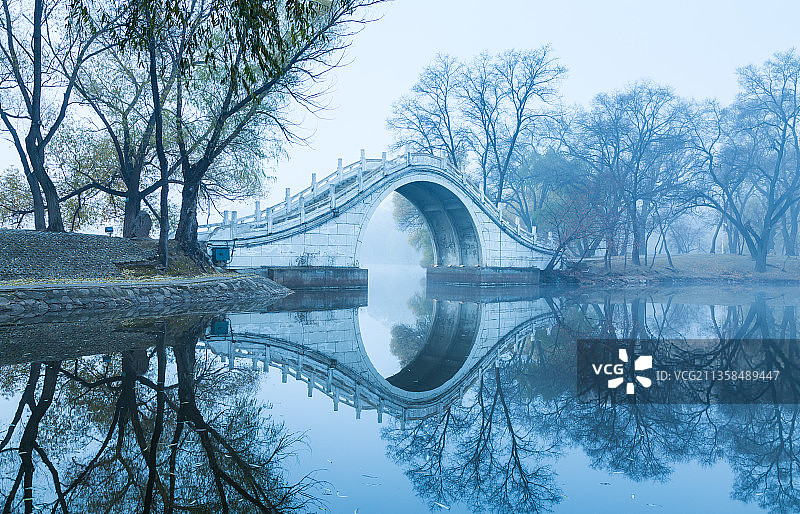 黑龙江齐齐哈尔市龙沙公园翠红桥，大雾中的拱桥图片素材