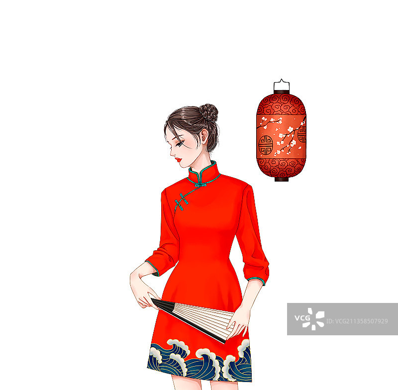 穿红色旗袍拿着扇子的女人图片素材