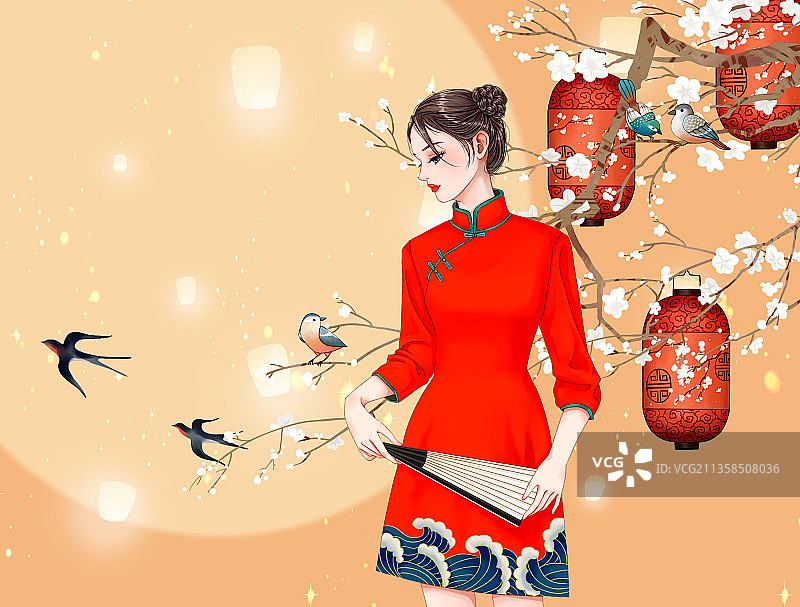 穿红色旗袍的女人图片素材