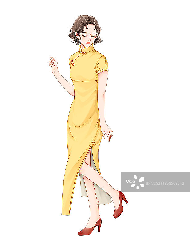 穿黄色旗袍的女人图片素材