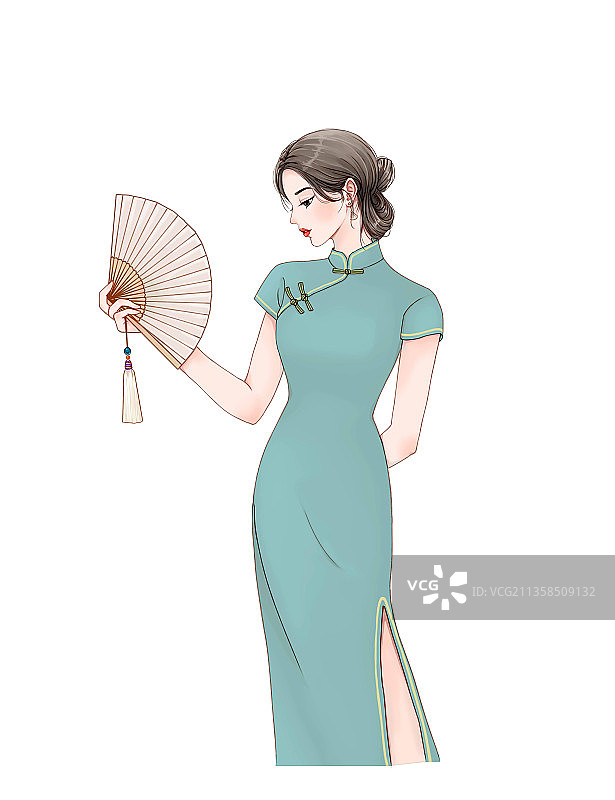 穿青色旗袍的女人图片素材