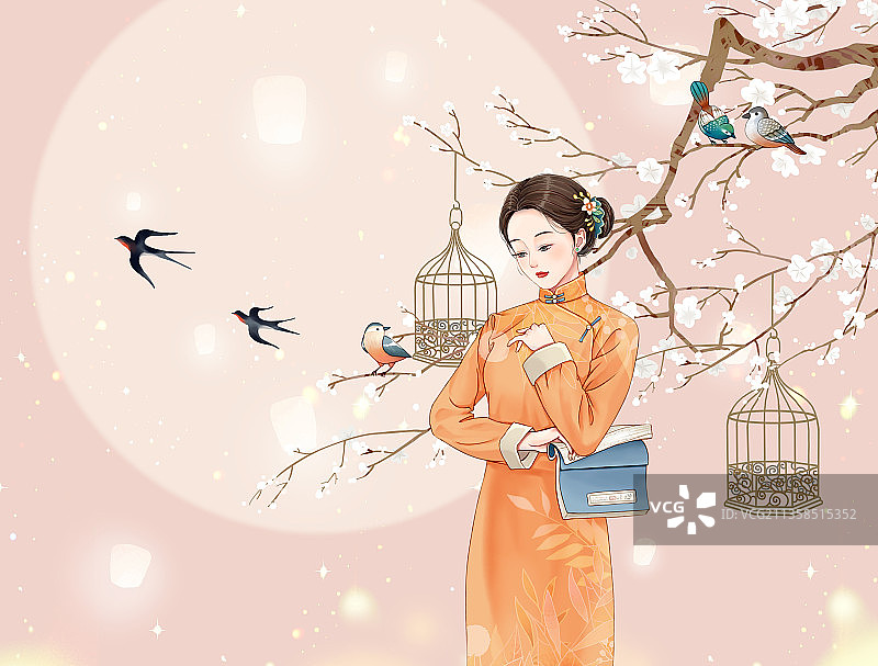 站在雪梅下穿橘色旗袍的女孩图片素材