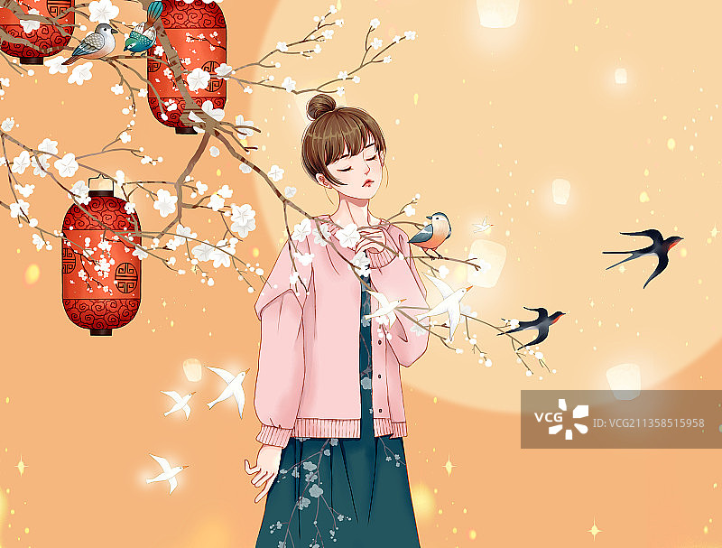 扎着包包头穿着粉色外套的小资少女图片素材