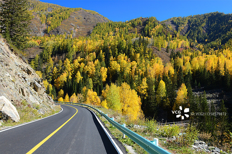 新疆阿勒泰，喀纳斯景区，公路风景。图片素材