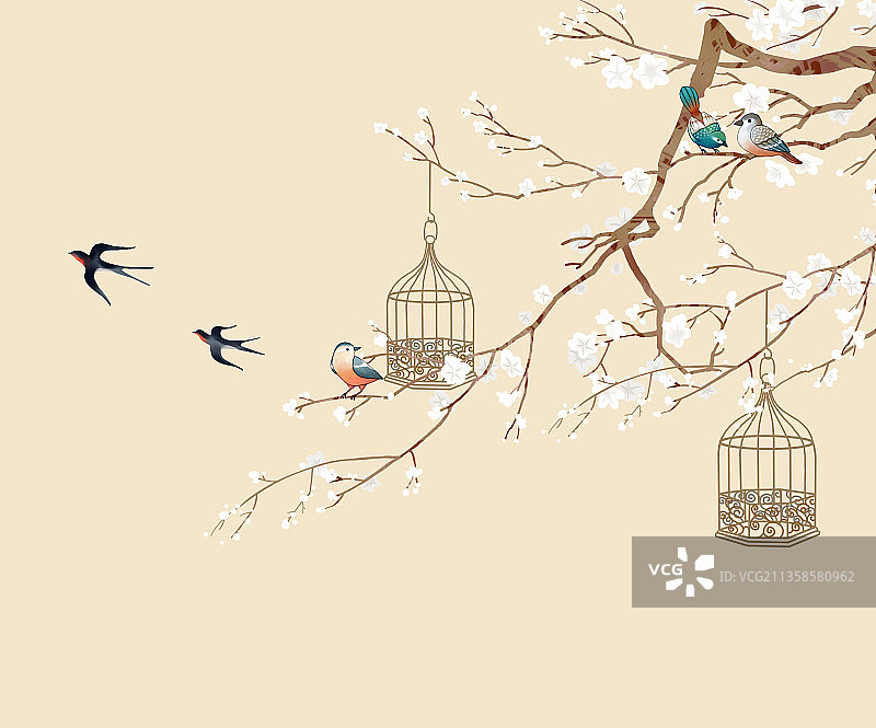 月下雪梅图中国工笔花鸟背景图片素材