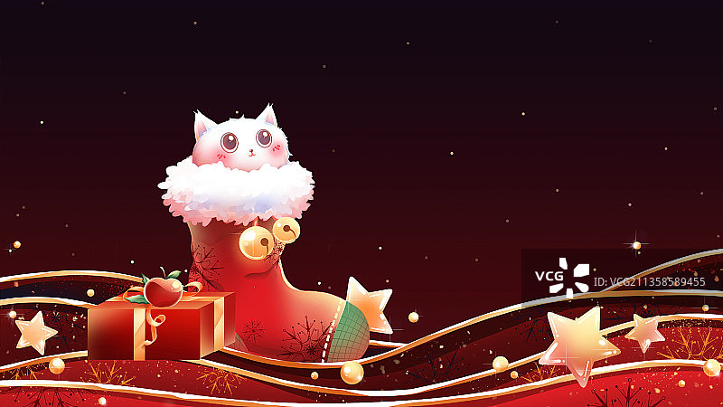 圣诞节，深红色背景，华丽，礼物，猫咪图片素材