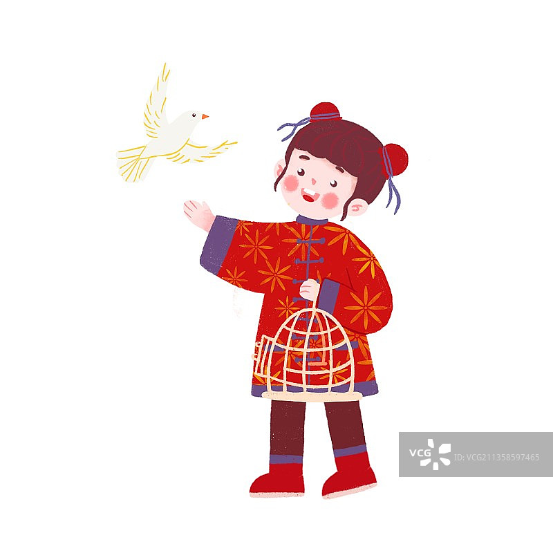 插画,年俗,正月初八,放生,祈福,儿童,释放,祝福,鸟笼,鸟图片素材